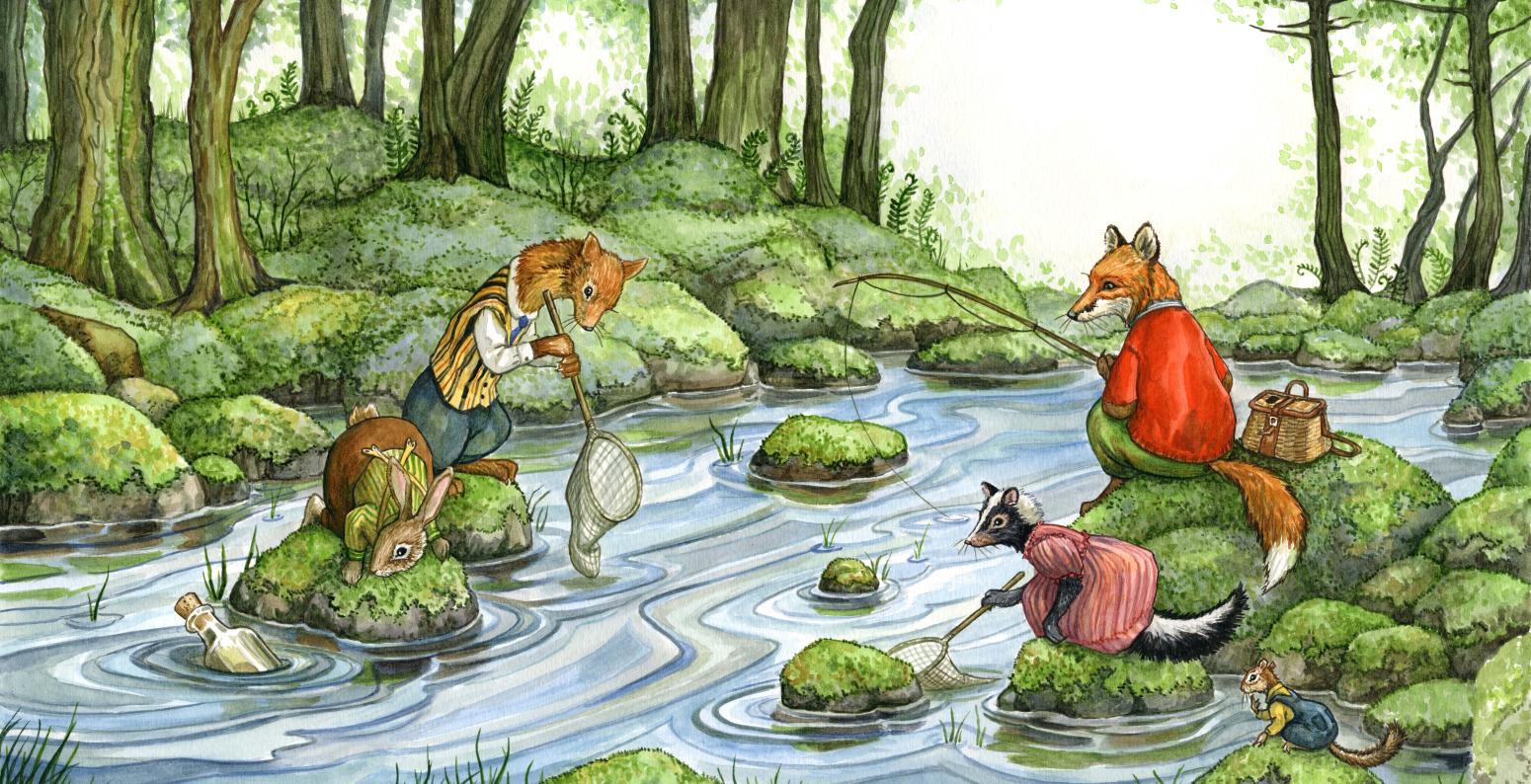 AstridSheckels_MapofMystery Hector Fox and friends at a stream, with fishing pole and nets.