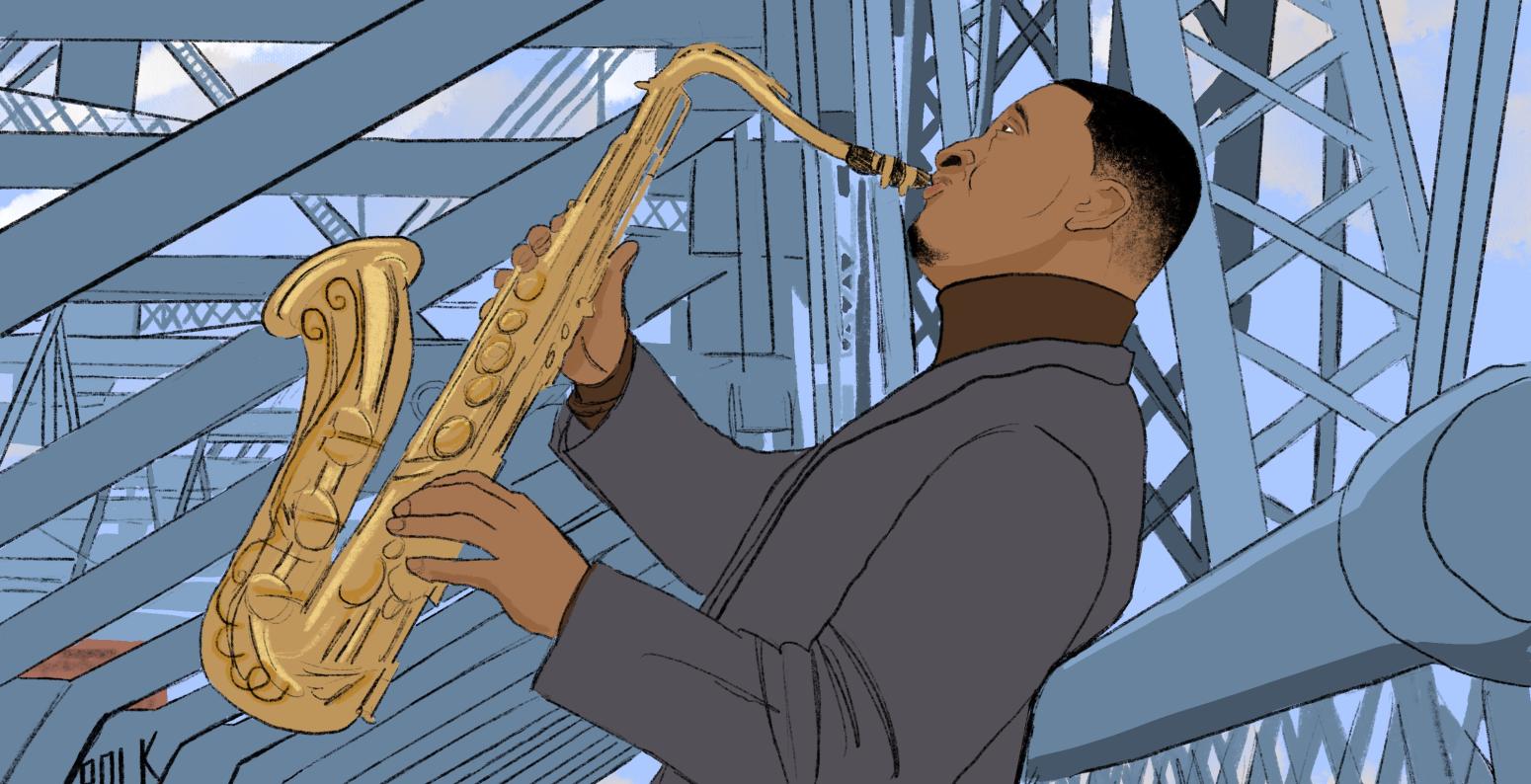 Sonny Rollins playing the saxophone on a bridge as a car drives by.