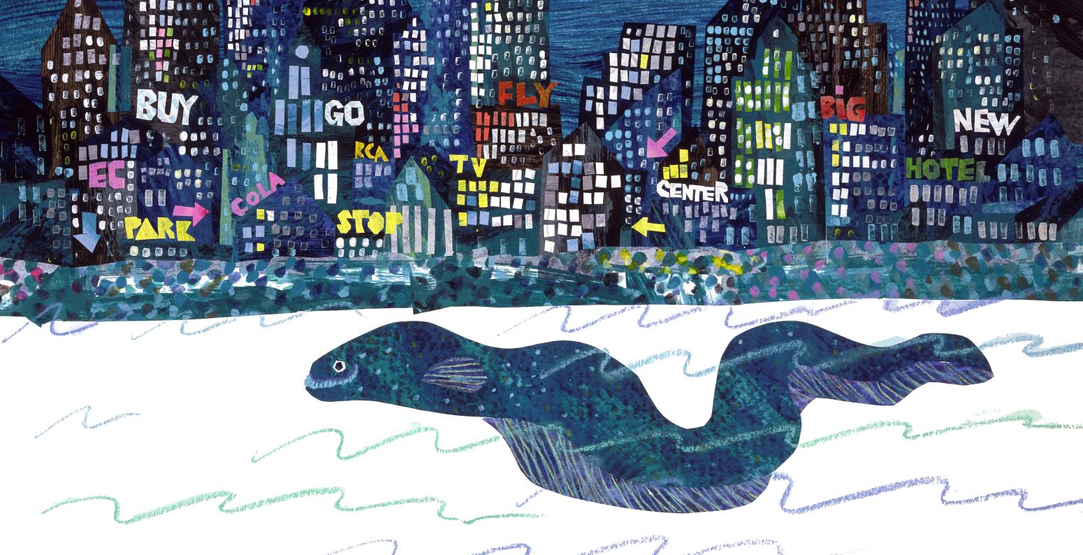 Illustration of eel swimming below nighttime cityscape. 