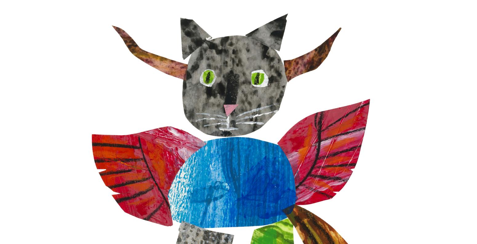 Illustration of cat with horns, wings, elephant and reptile feet, and tail. 