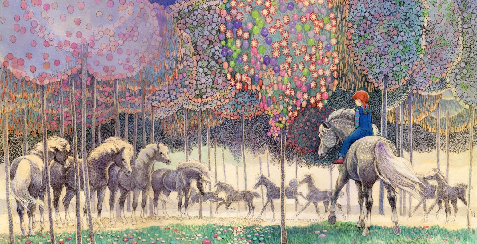 A girl sits on a gray spotted horse, surrounded by ten other horses and colorful trees.