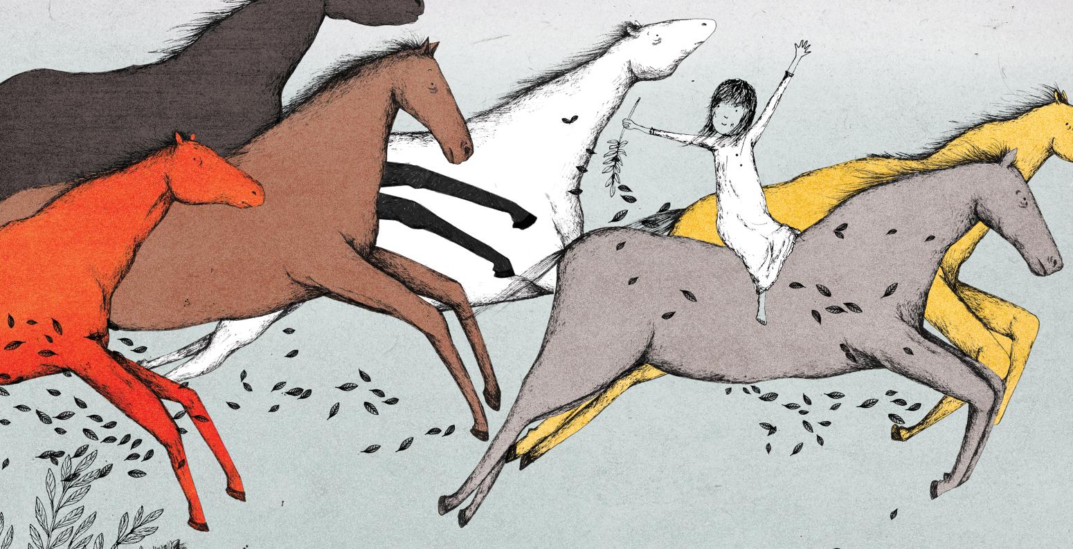 Illustration of six different colored horses leaping through air with child rider. 