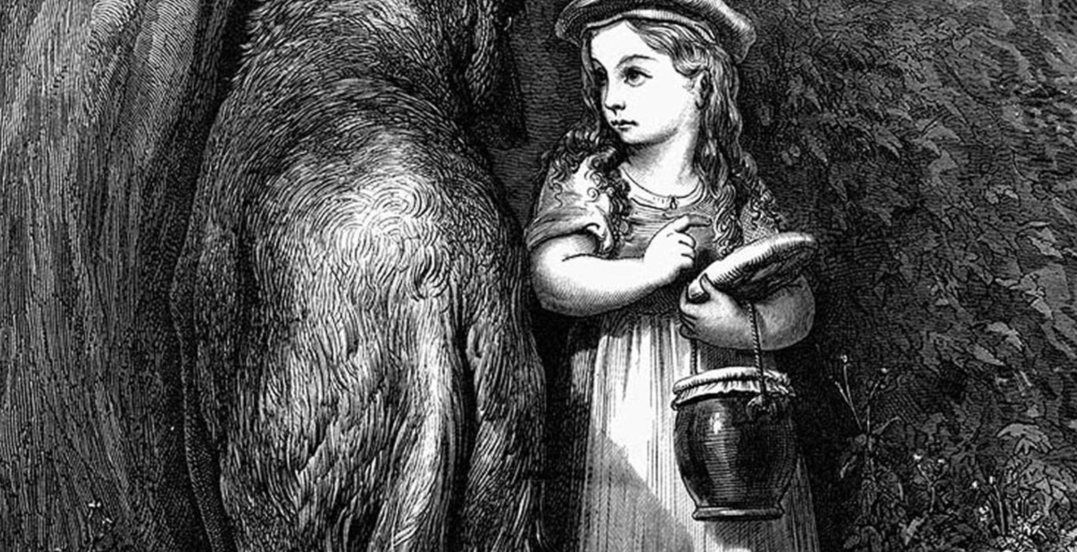 Illustration of red riding hood and wolf. 