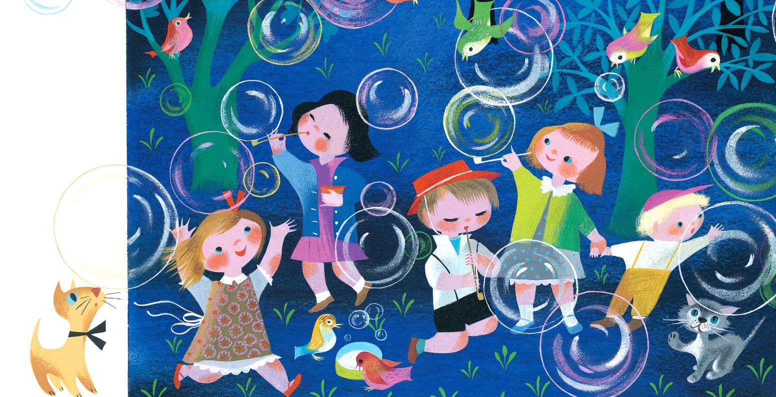 Illustration of kids with bubbles. 