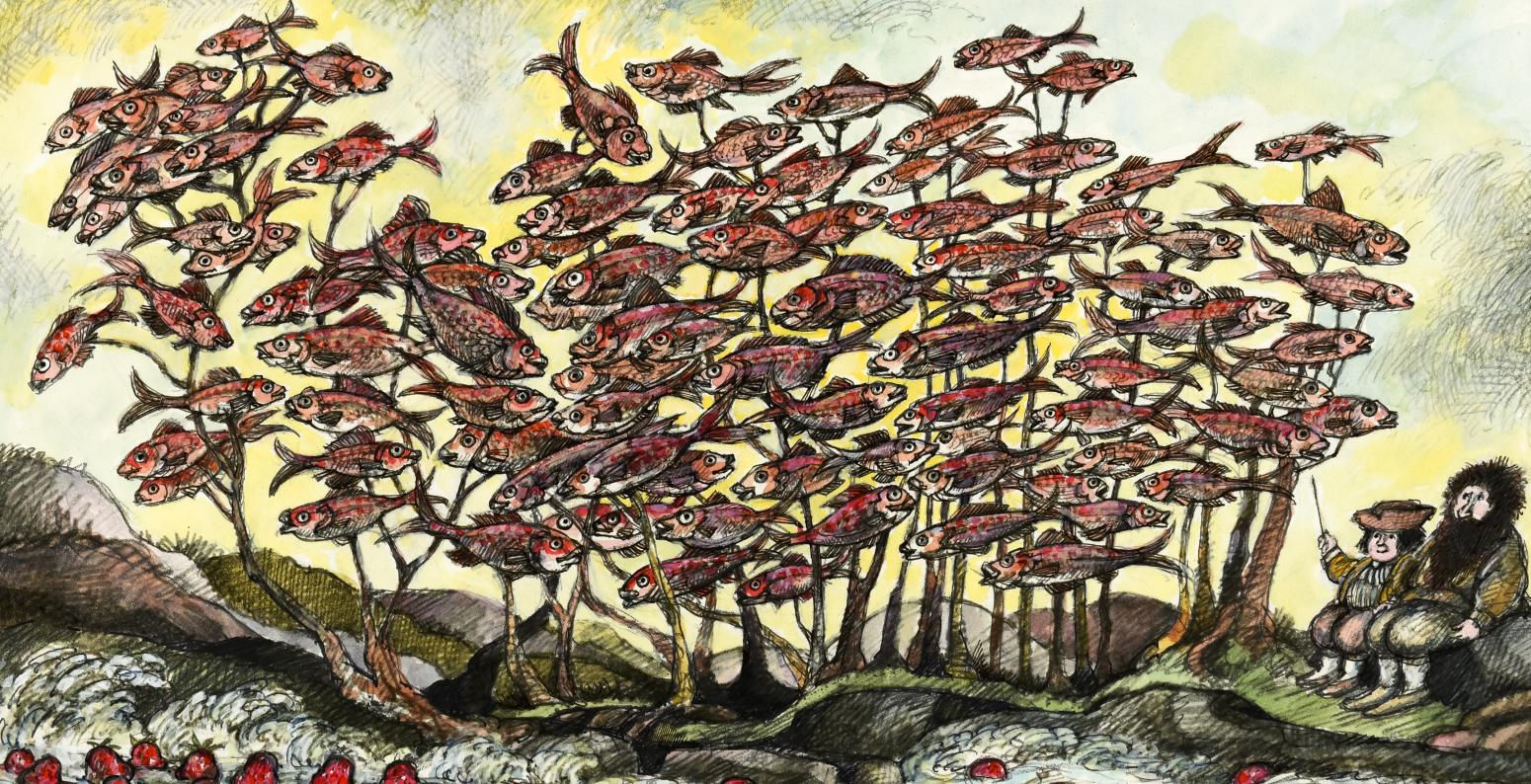 Illustration of fish as tree leaves. 