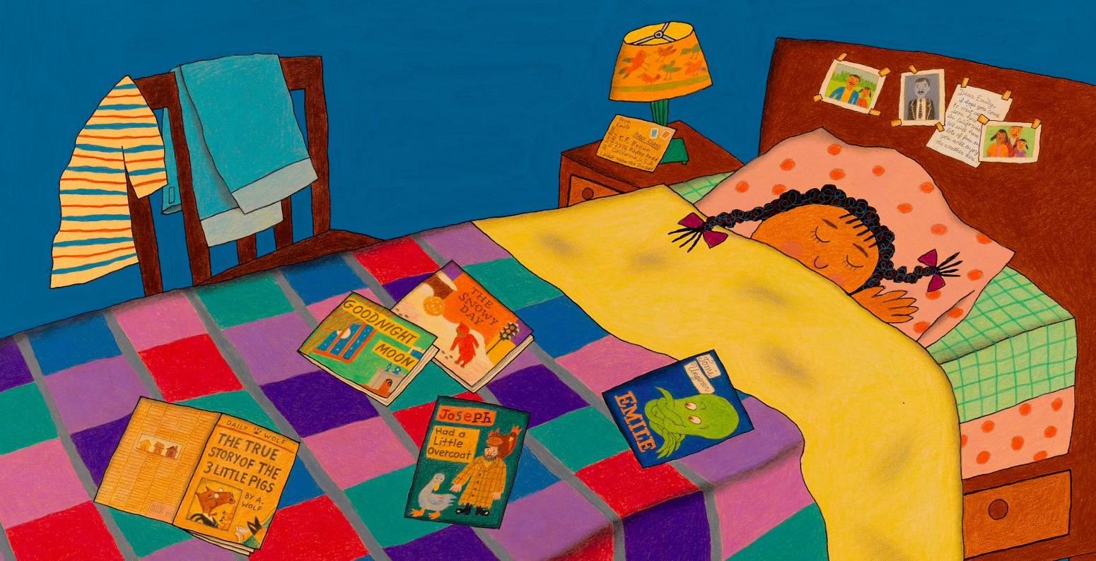 Illustration of girl sleeping in bed with books on cover. 