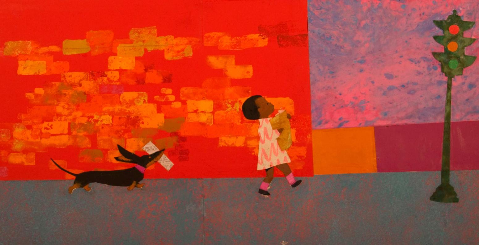 Illustration of kid with dog walking down city street.