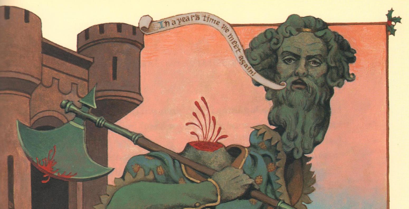 Illustration of green knight holding severed head. 