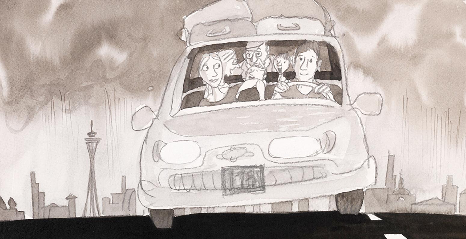 Illustration of family in car on road. 