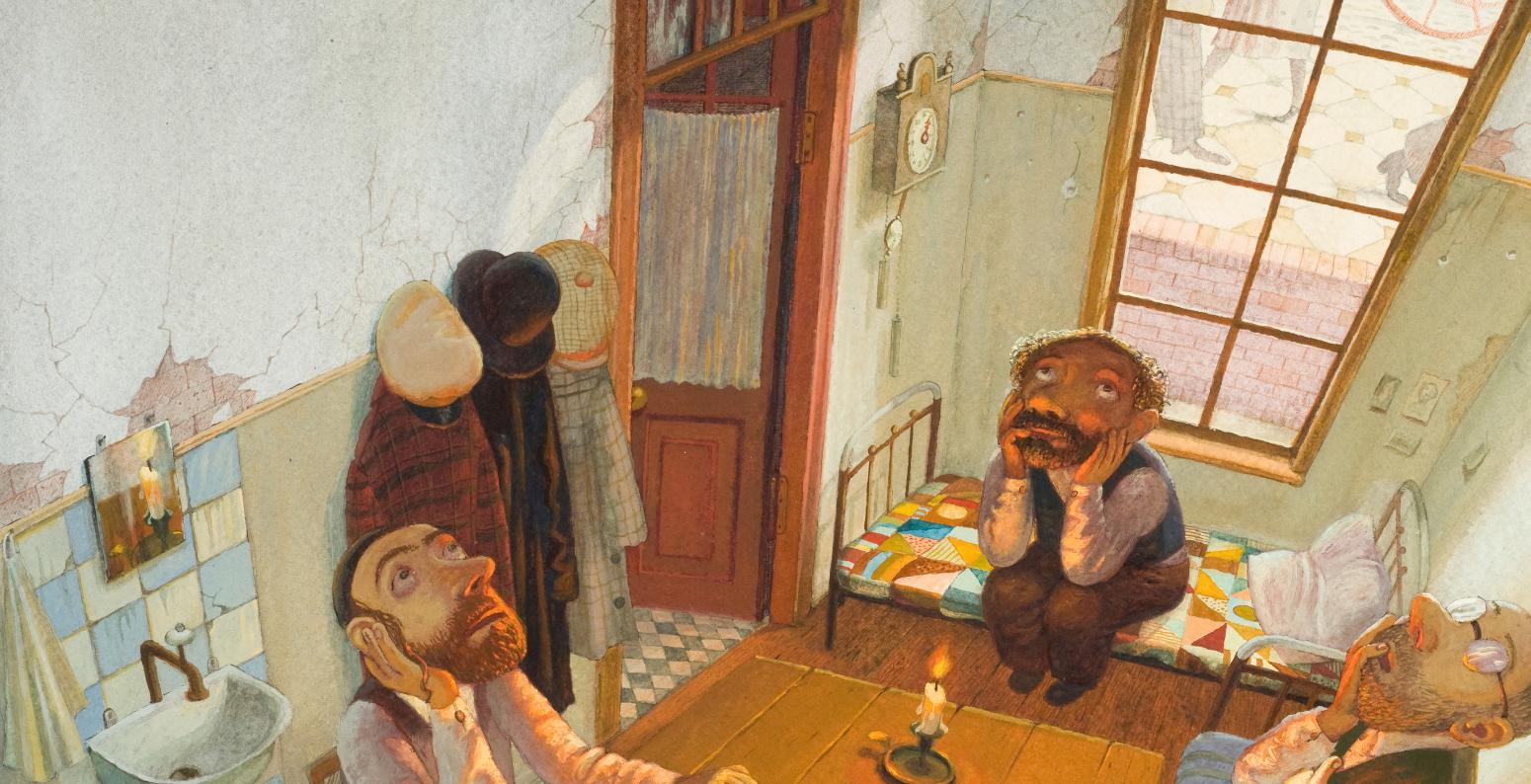 Illustration of two men sitting at table.