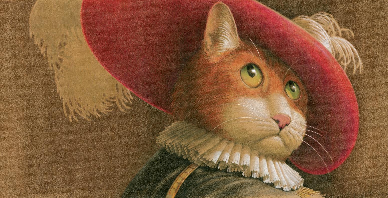 Illustration of cat in elaborate hat. 