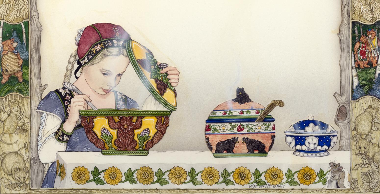 Illustration of girl looking in pot. 