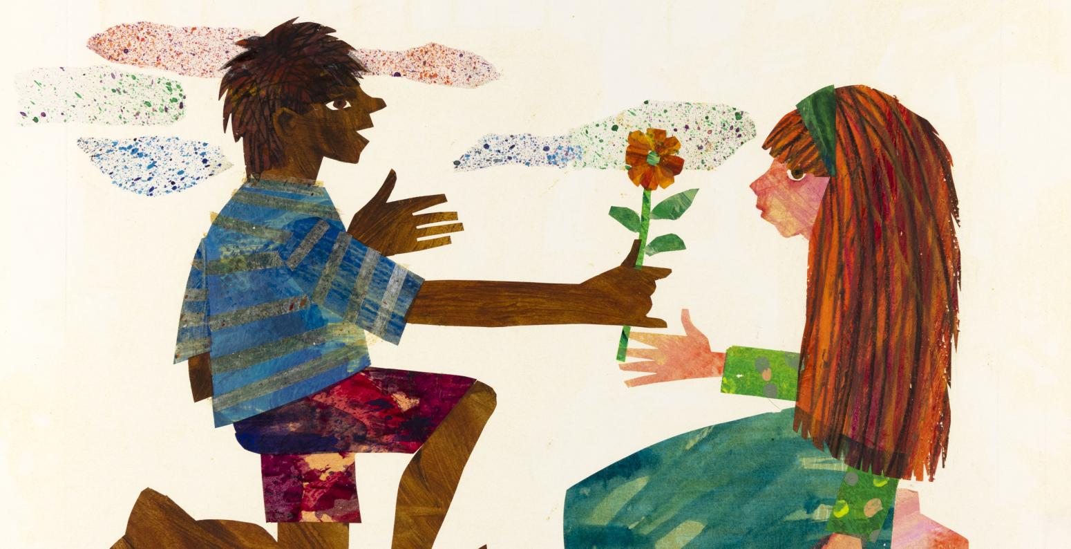 Illustration of boy handing girl flower. 