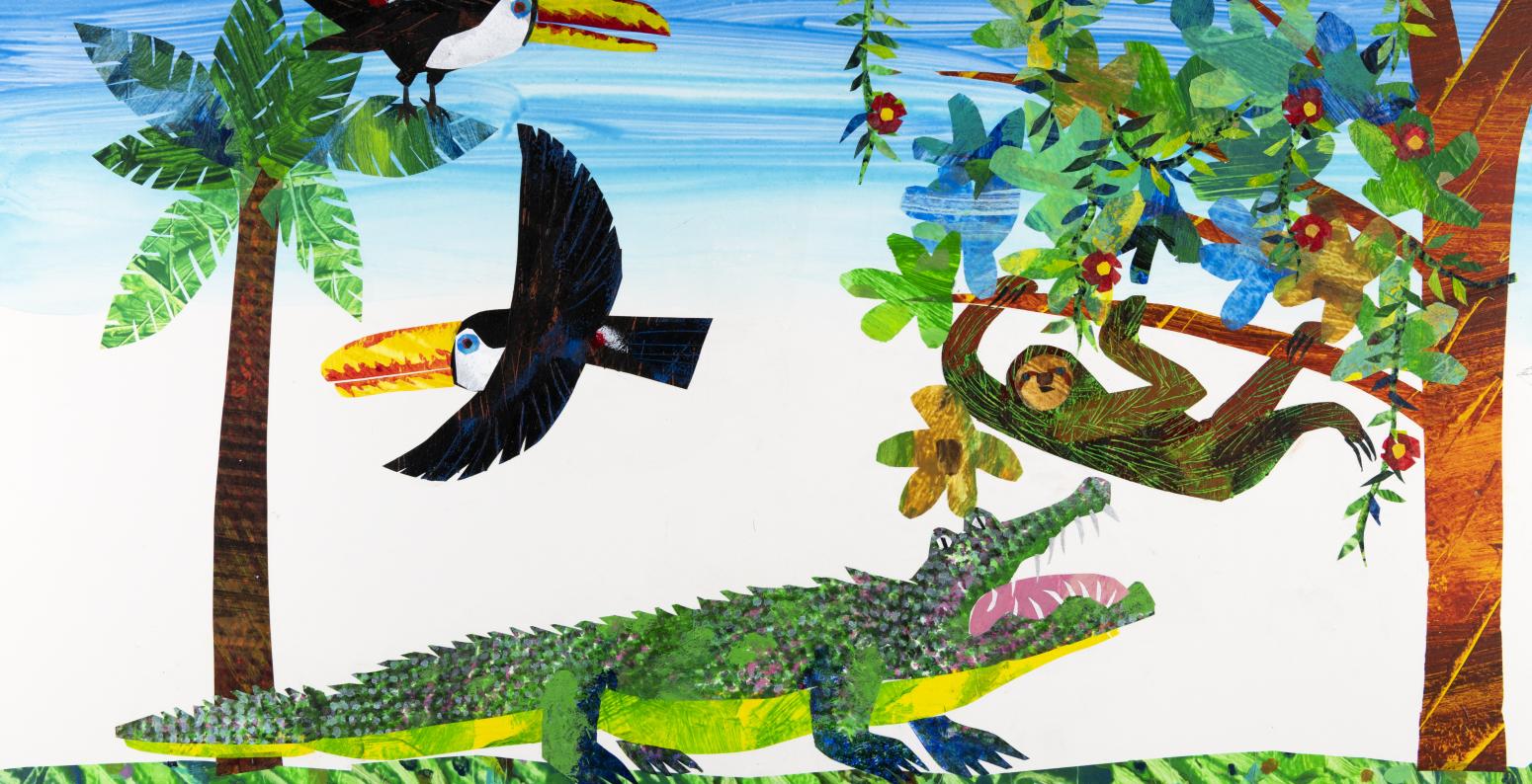 Illustration of alligator and sloth and birds.