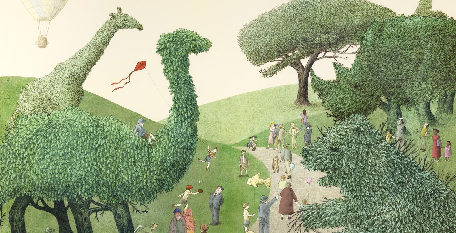 Illustration of topiary animals. 