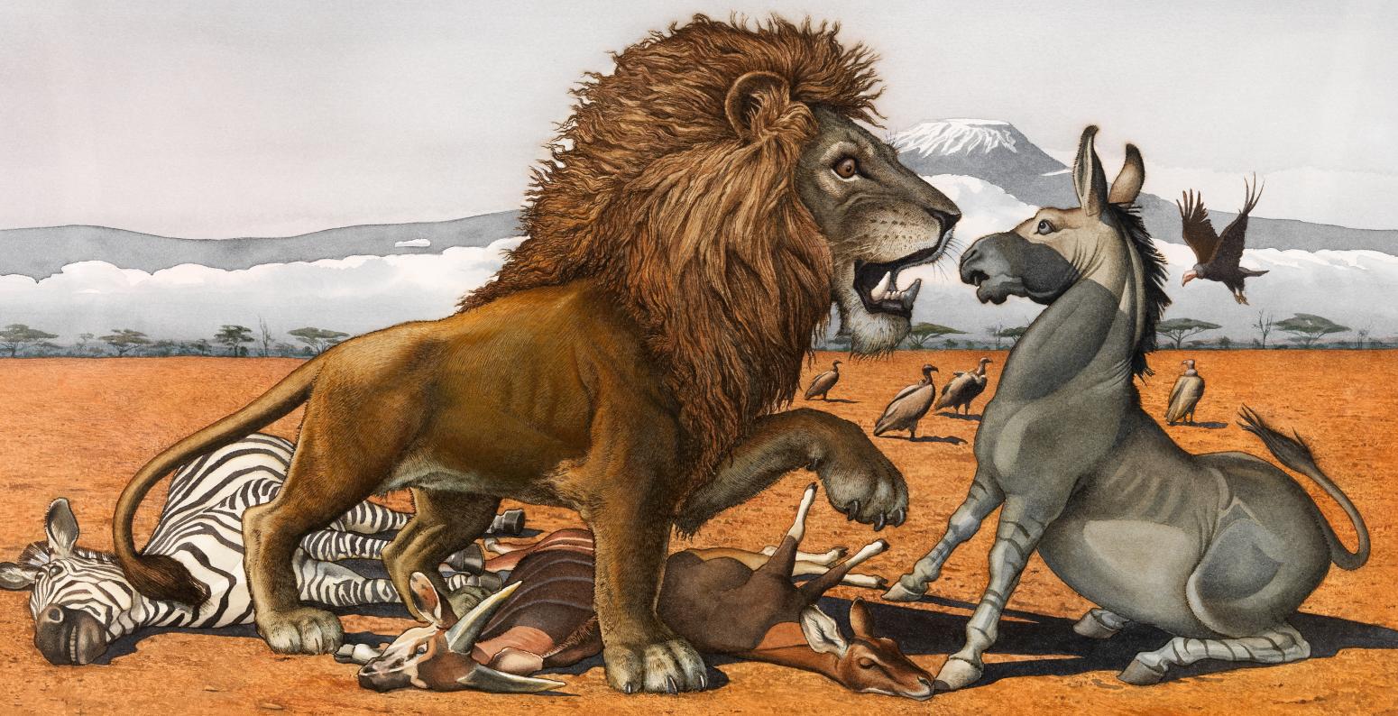 Illustration of lion and donkey. 