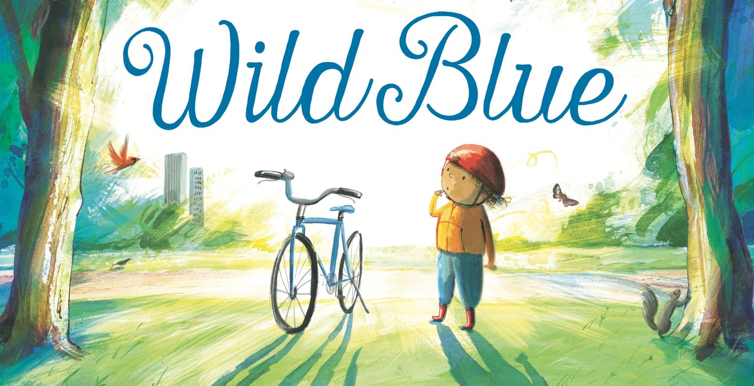 Cover illustration for Wild Blue, showing a child and bicycle between two trees. The shadow of the bike is shown as a horse.