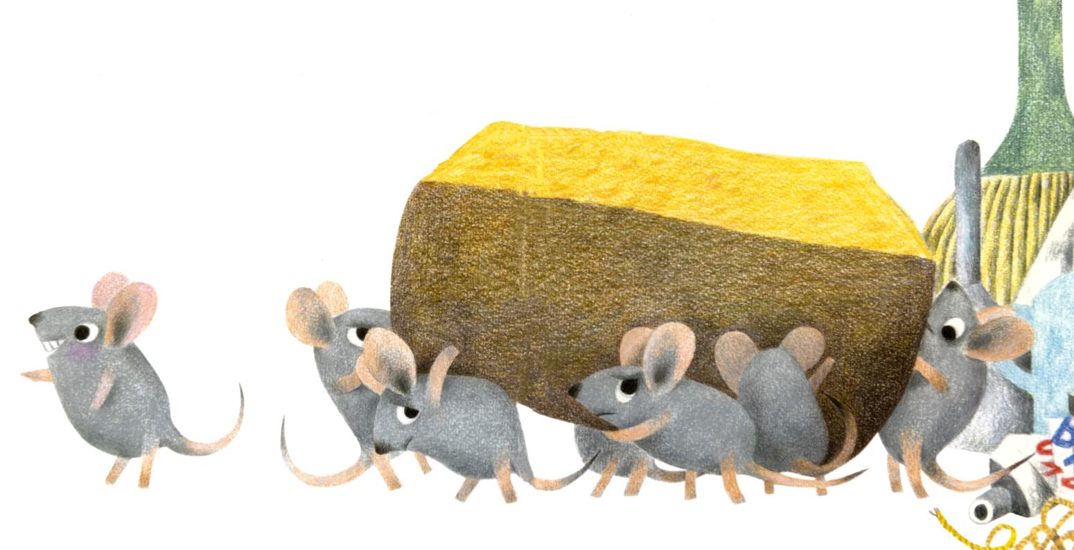 Illustration of mice stealing cheese. 