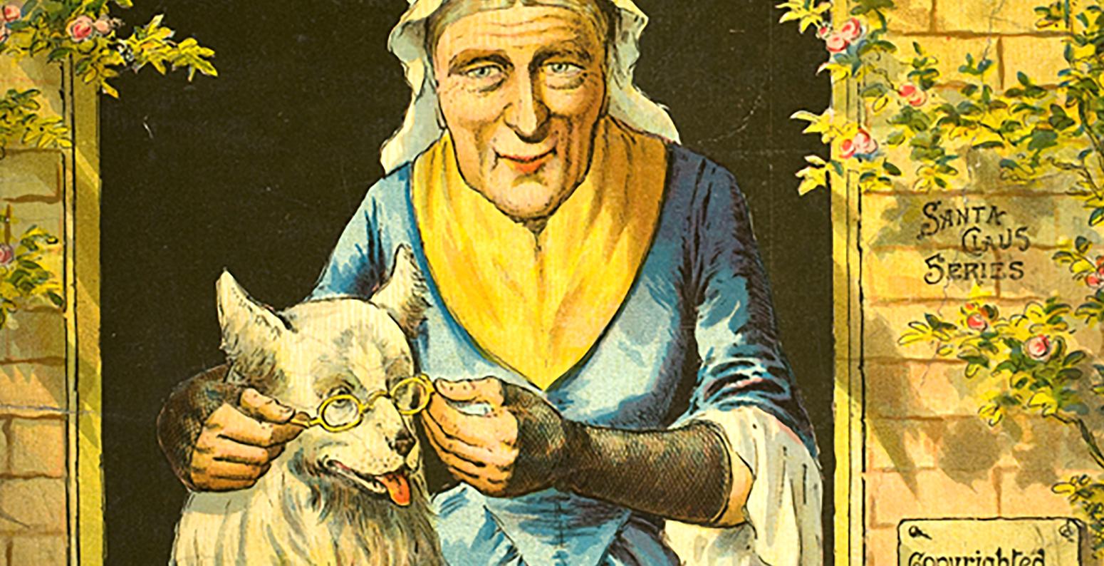 Illustration of old woman and dog. 