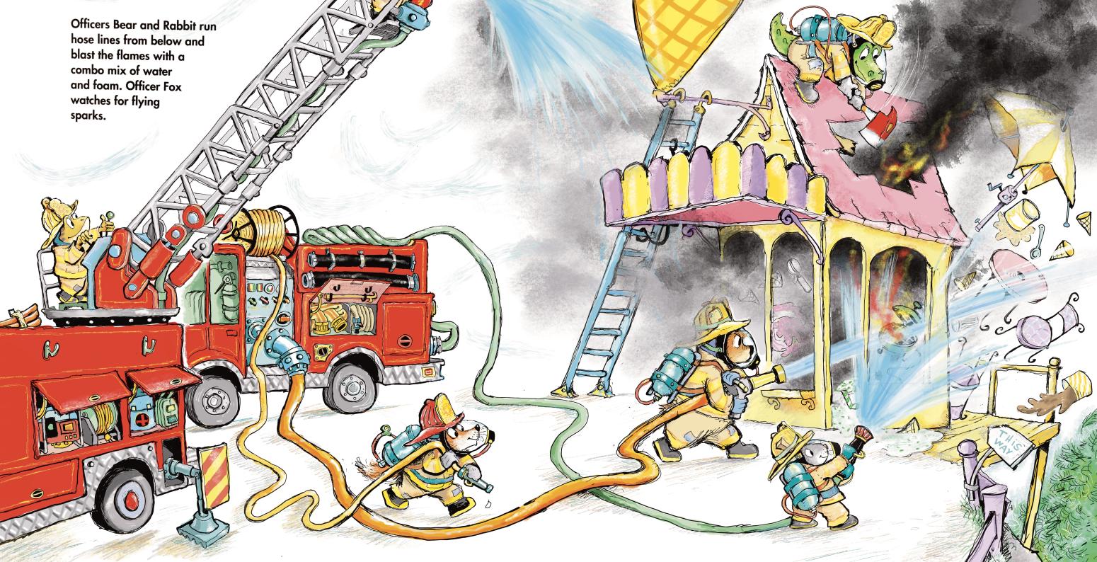 Firefighter animals on a firetruck hosing down an ice cream shop on fire.