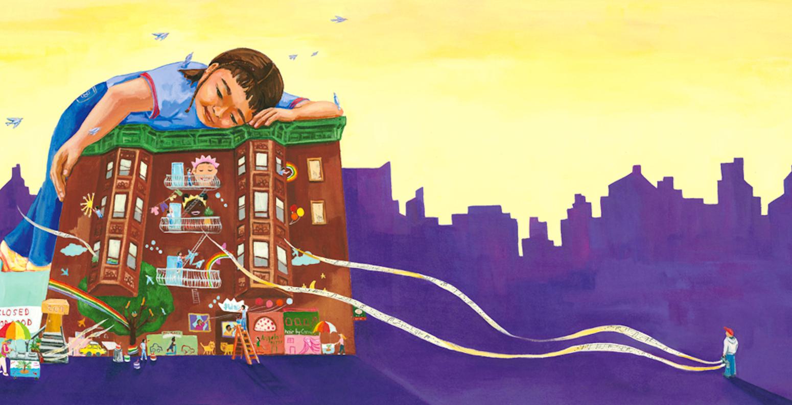 A giant child hugs an apartment building, with a blue silhouette of a cityscape in the distance.