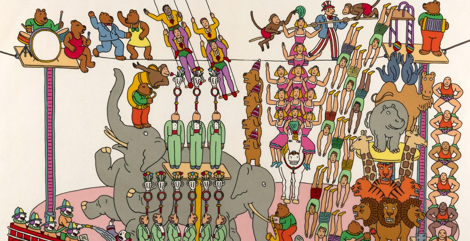 Illustration of elephant and circus performers. 