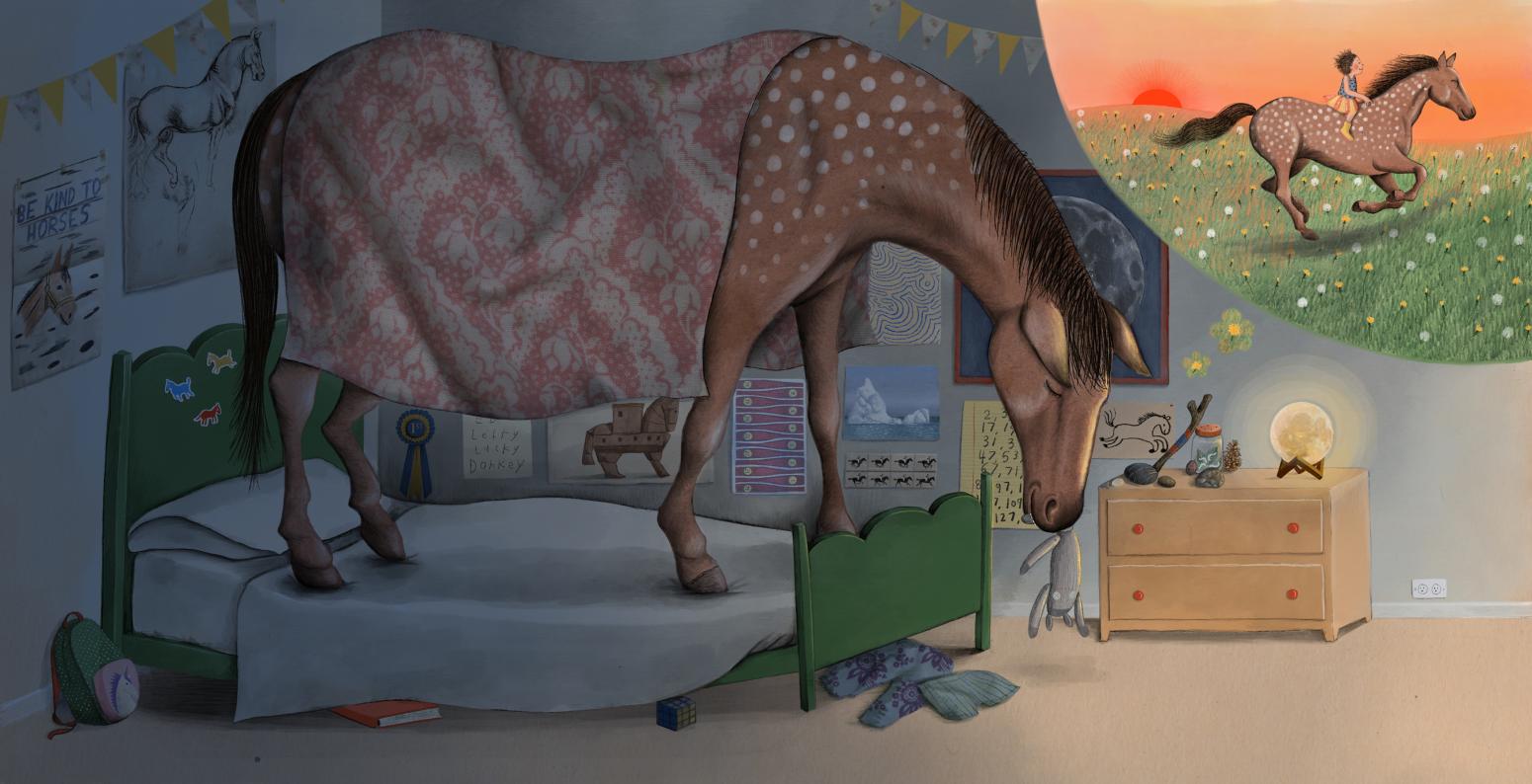 Illustration of horse in bed dreaming. 