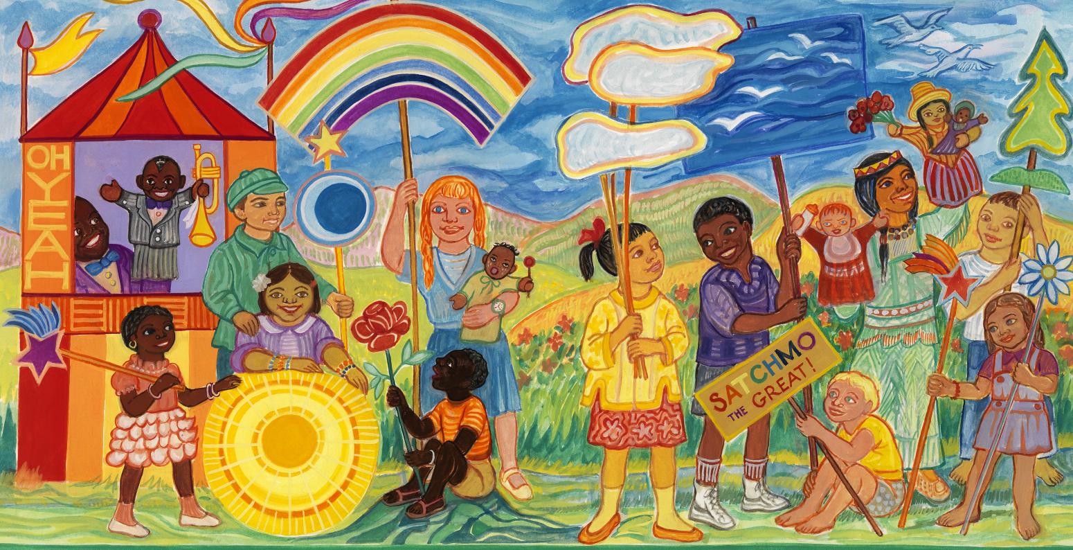 Illustration of children singing and dancing. 