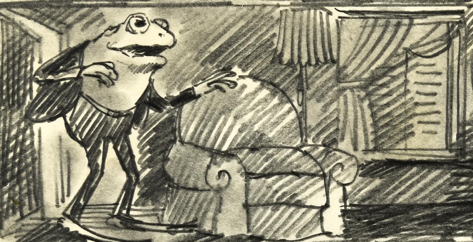 Illustration of Frog waking up Toad in bed. 