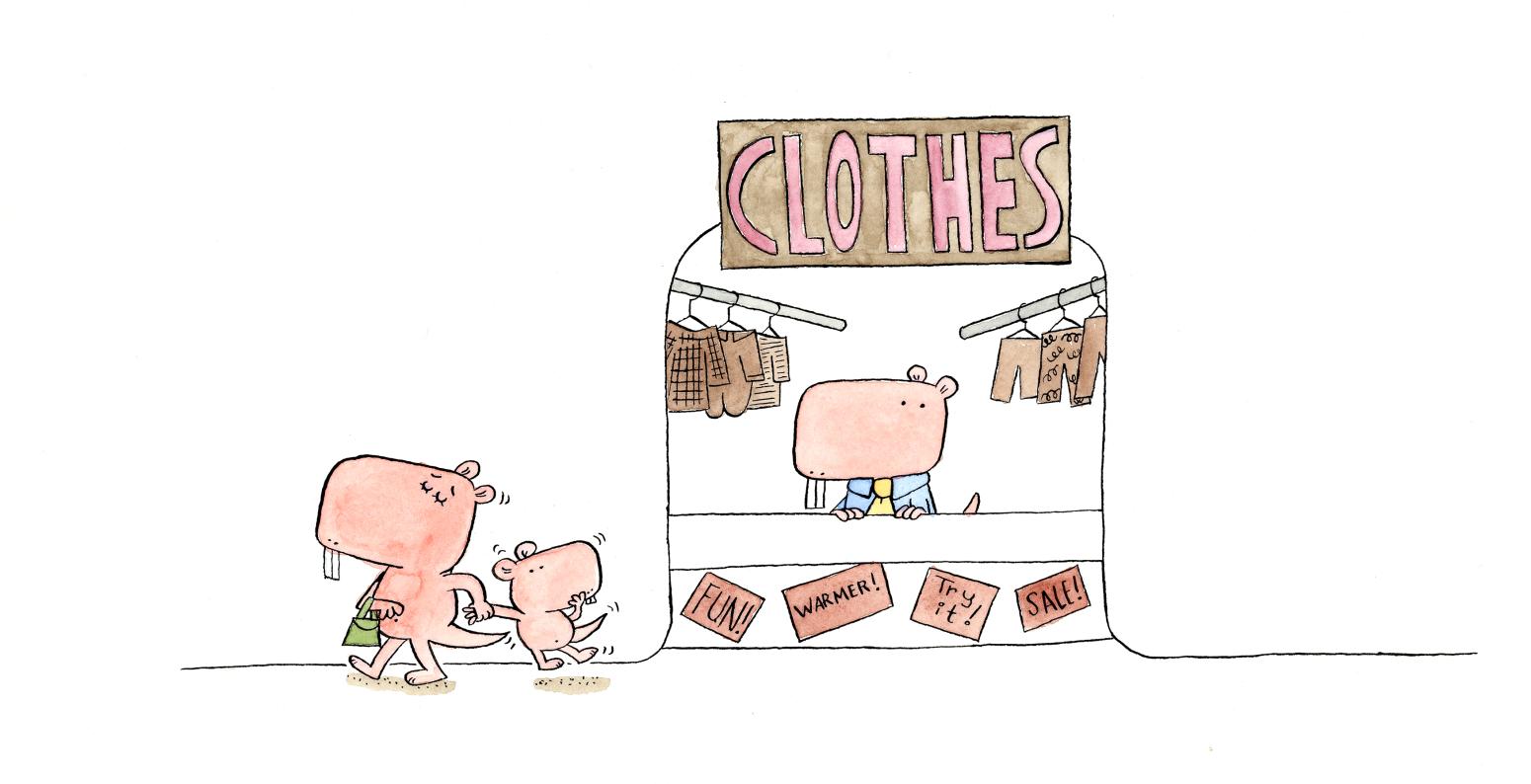 Illustration of mole rats buying clothes. 