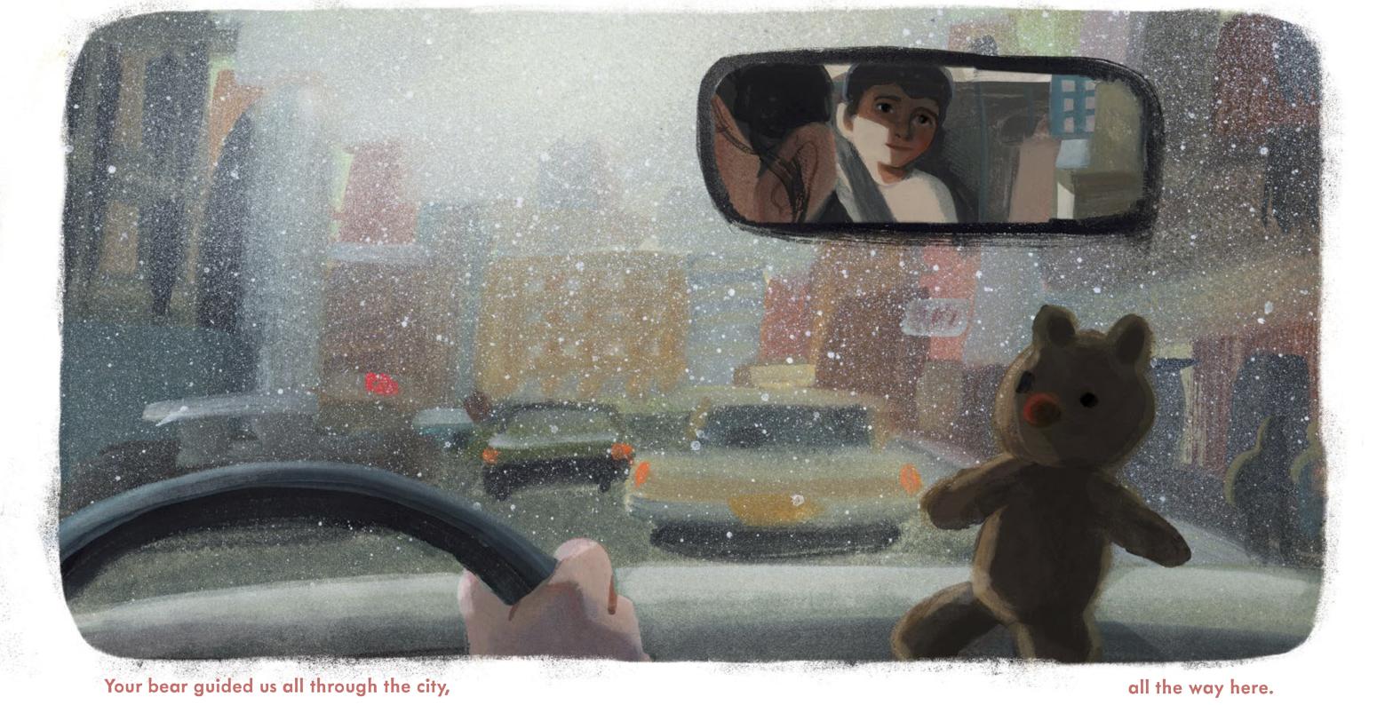 Car interior showing hand on steering wheel and teddy bear against dashboard. Rearview mirrow shows a child in the backseat. Looking out the widsheild on a snowy day.