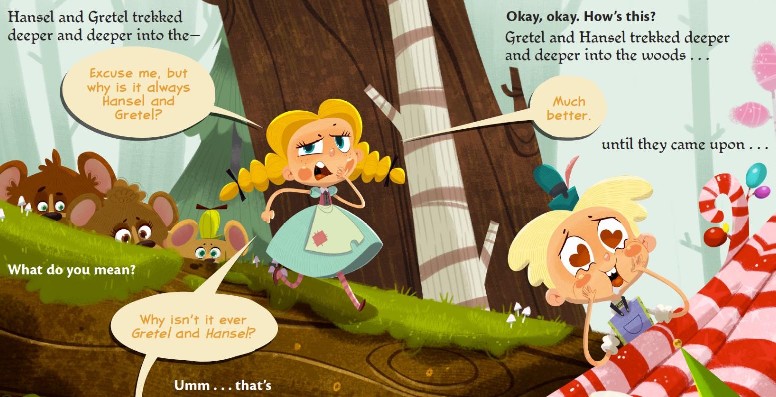 Illustration featuring Hansel and Gretel walking through the woods.