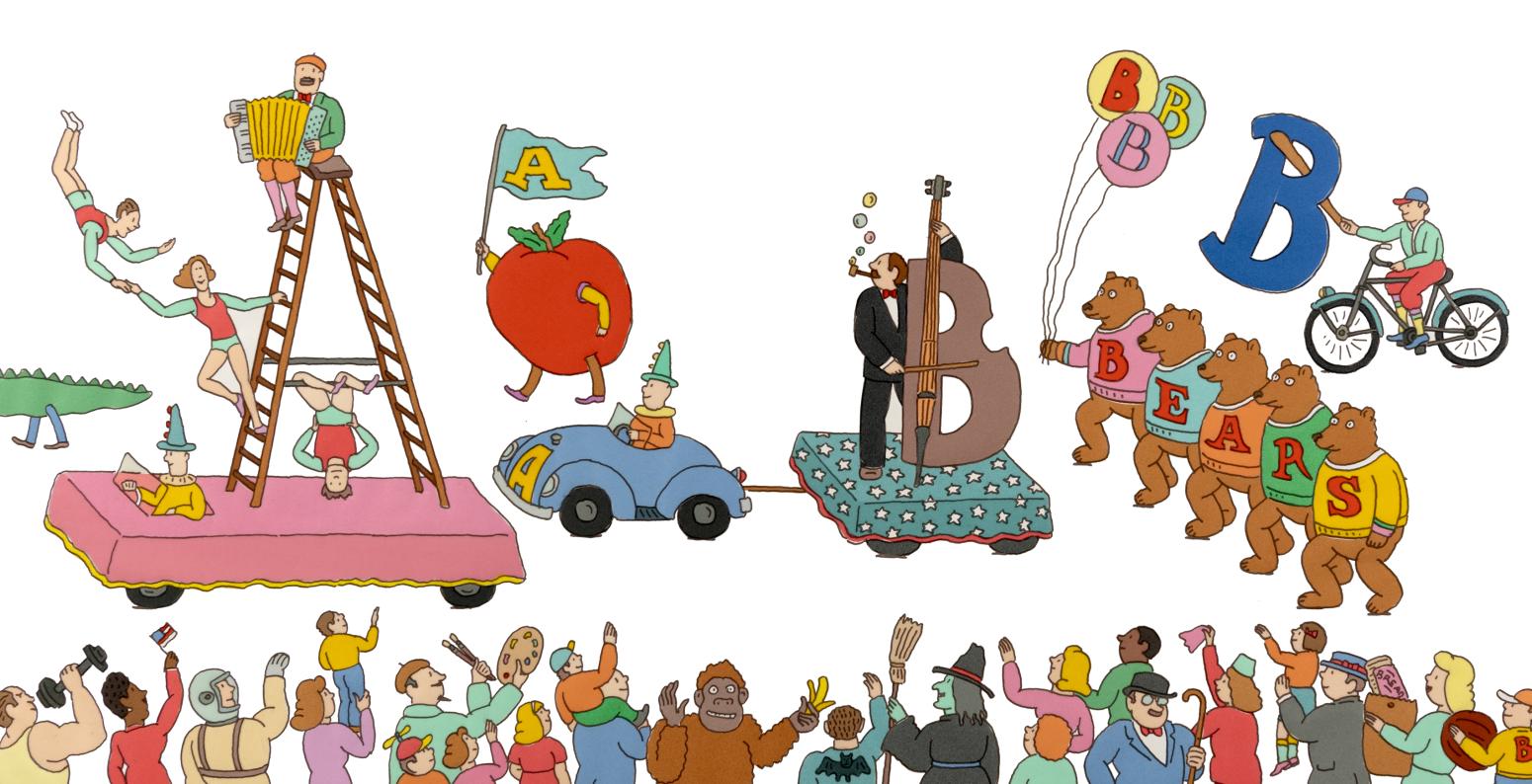 Illustration of A and B animals on parade. 