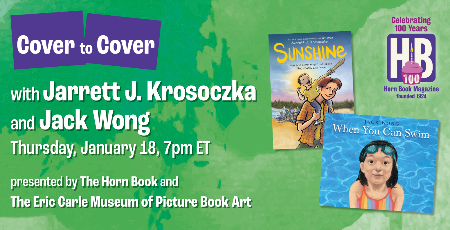 Graphic for Cover to Cover program, showing green background and Jarrett J. Krocoszka and Jack Wong book covers.