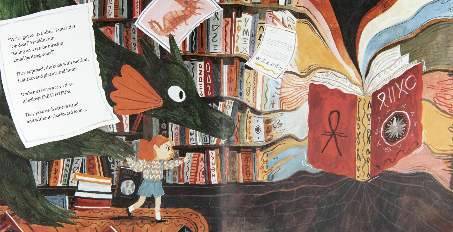 Illustration of child and dragon reading a book in library. 