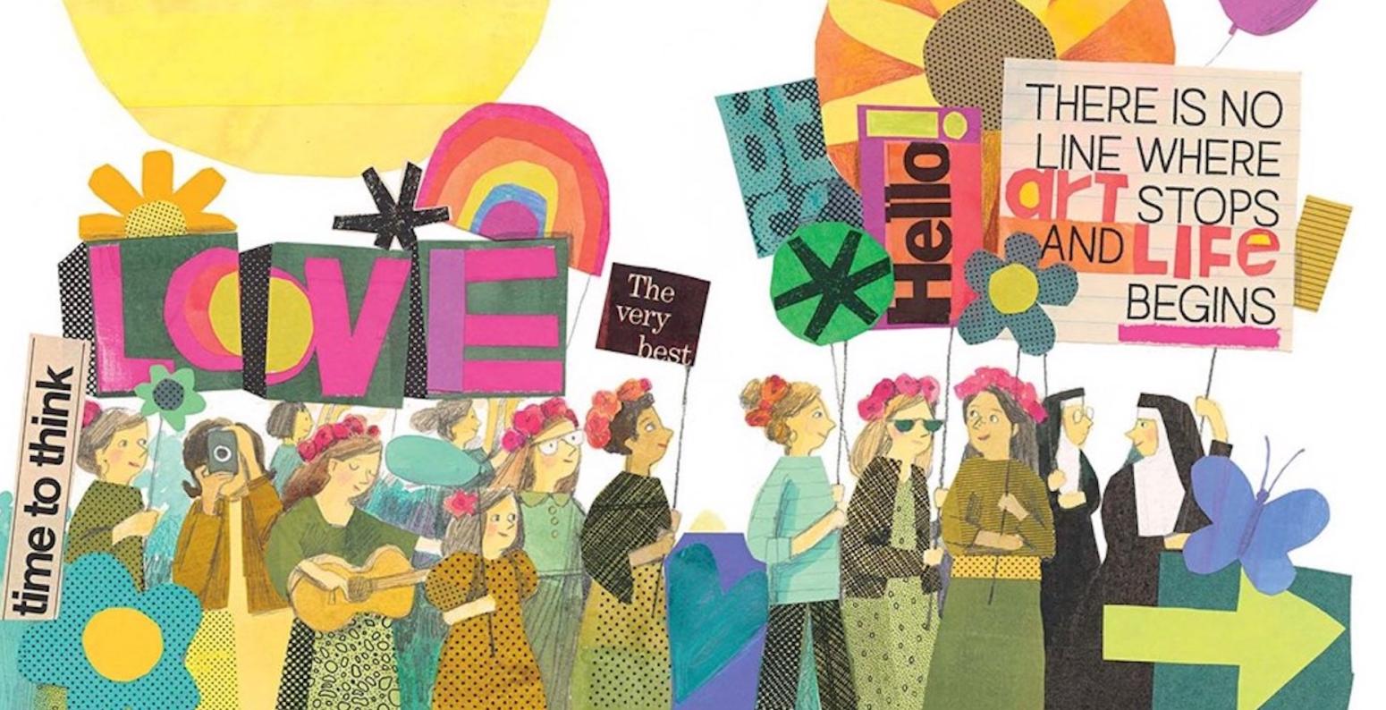 Collage of people holding different signs, including "Love," "Hello!," and "There is no line where art stops and life begins."