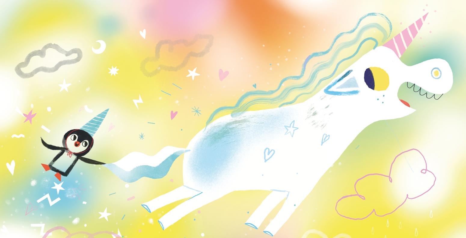 A penguin and unicorn fly in the sky surrounded by clouds and soft pastel colors.