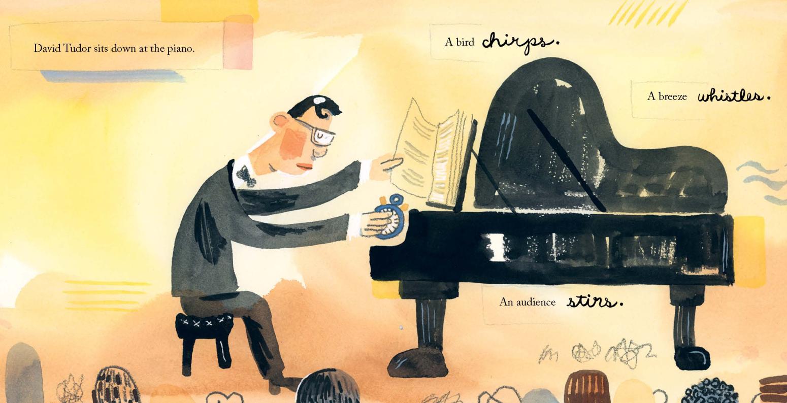 Musican sits at a piano, with hands raised over the keys. In one hand the musician holds a stopwatch.
