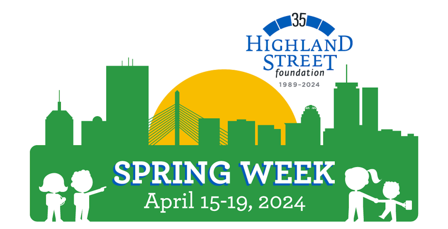 Highland Street Foundation Spring Week logo, with graphic of family walking around a city