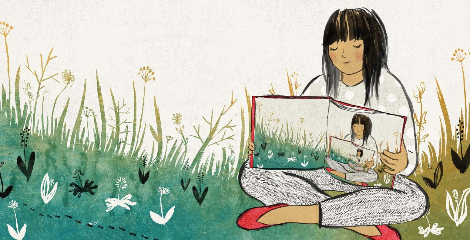 Illustration of girl holding book of herself holding book in recursive image.