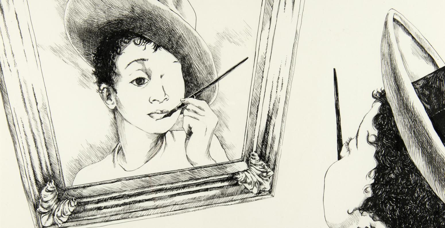 Illustration of child painting himself into canvas like mirror.