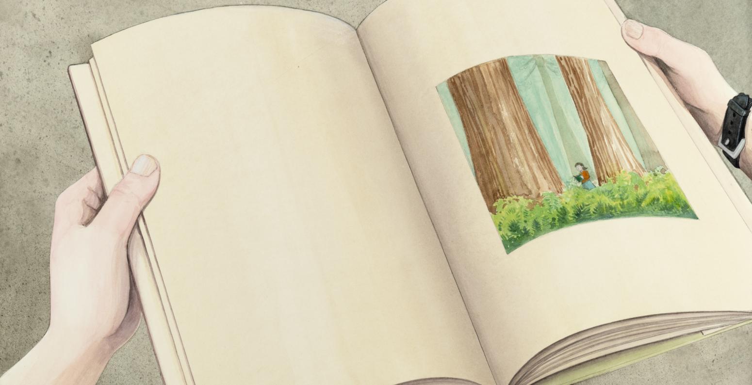 Illustration of hands holding book open to frontispiece.