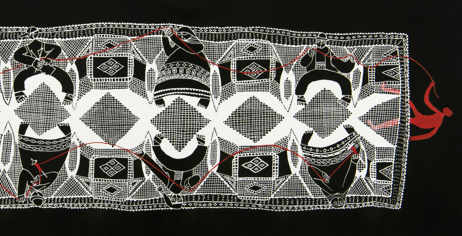 Black and white weaving with figures mixed in and figure in red pulling red thread.