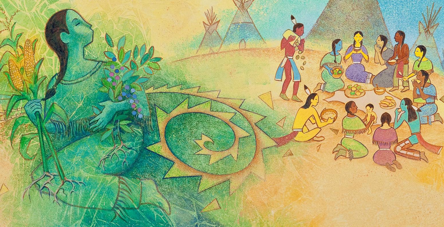 Illustration of figure in green next to gathering of indigenous people.