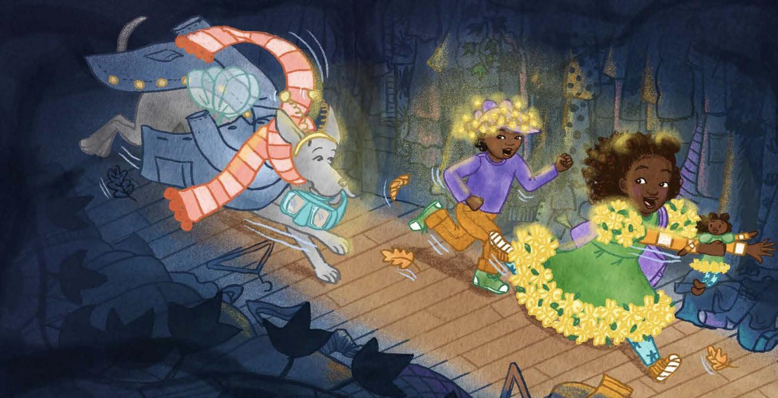 Dog with human clothing and swim mask chasing two kids with yellow glowing flowers.