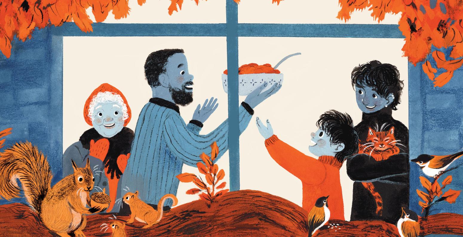 illustration of happy people and animals in the fall