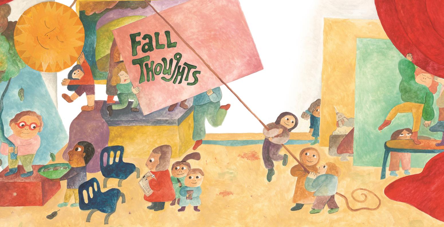 people decorating a room with a banner that says "Fall Thoughts"