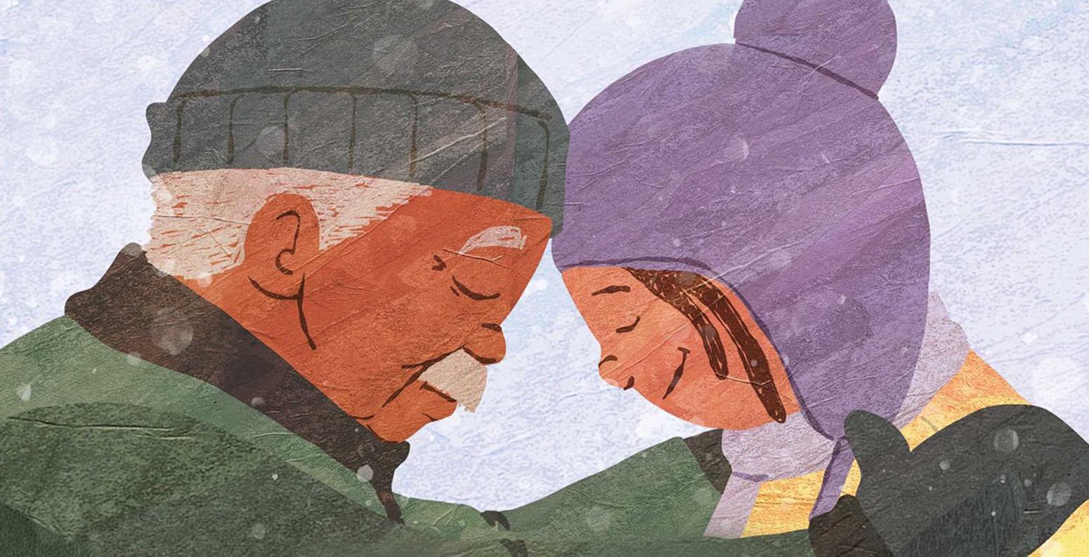 Book cover of two persons embracing in snow.