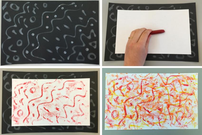 Four images of a crayon rubbing process with red and orange yellow lines across the page.