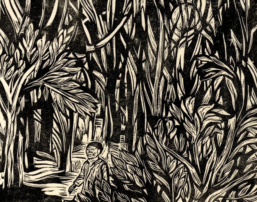 Woodcut of man alone in woods. 